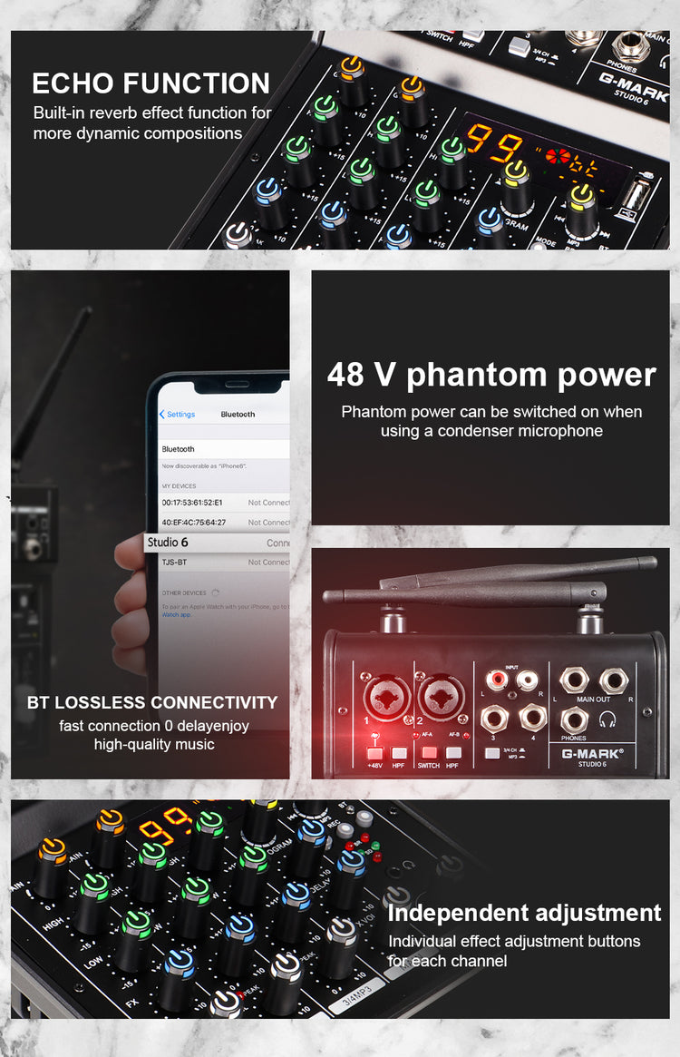 Audio Sound Mixer with Microphone G-MARK Studio 6 Bluetooth  Portable DJ Console +48V USB Interface Mixing Boards For Studio Live Recording PC