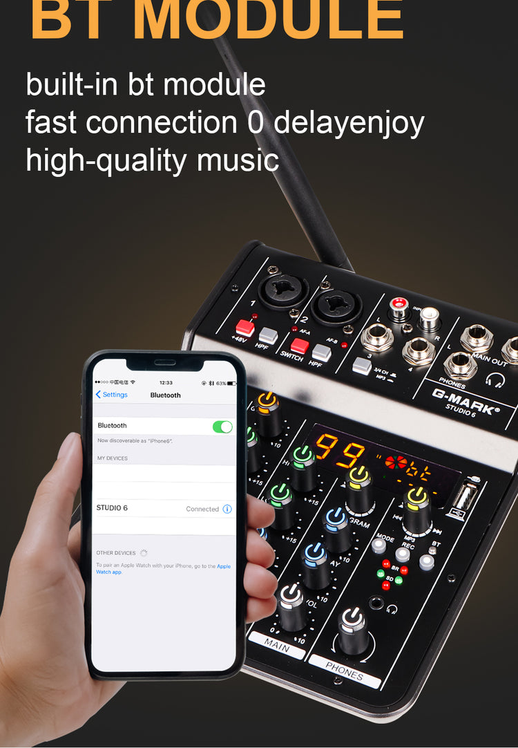 Audio Sound Mixer with Microphone G-MARK Studio 6 Bluetooth  Portable DJ Console +48V USB Interface Mixing Boards For Studio Live Recording PC