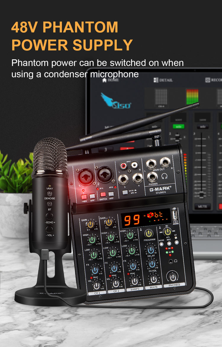 Audio Sound Mixer with Microphone G-MARK Studio 6 Bluetooth  Portable DJ Console +48V USB Interface Mixing Boards For Studio Live Recording PC