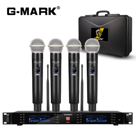 4 Wireless Microphone System G-MARK G44S Professional UHF 4 Channels Microphon Karaoke Mic Handheld Automatic Frequency Adjustable Metal Body For Party Speaker Show Stage Wedding