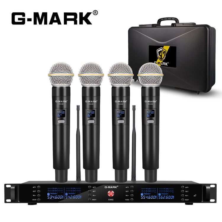 4 Wireless Microphone System G-MARK G44S Professional UHF 4 Channels Microphon Karaoke Mic Handheld Automatic Frequency Adjustable Metal Body For Party Speaker Show Stage Wedding