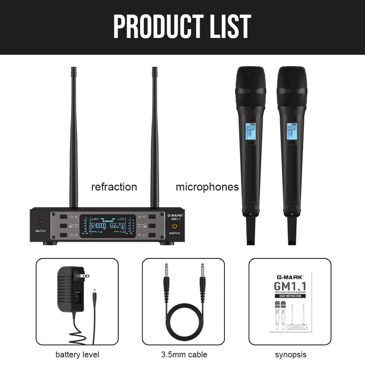 Wireless Microphone G-MARK GM1.1 Professional UHF Frequency Adjustable Metal Handheld Karaoke Mic For Party Show Teaching Wedding
