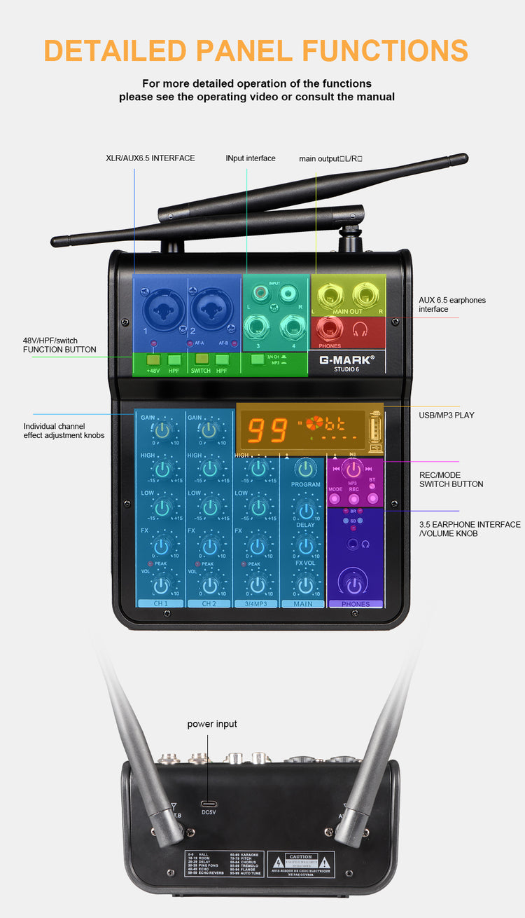 Audio Sound Mixer with Microphone G-MARK Studio 6 Bluetooth  Portable DJ Console +48V USB Interface Mixing Boards For Studio Live Recording PC