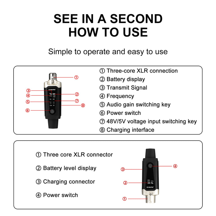 G-MARK GX1.1 UHF Wireless XLR Transmitter And Receiver Guitar Receiver Rechargeable Mic Adapter 16 Channels For Dynamic Microphone Audio Mixer Electric Guitar Bass