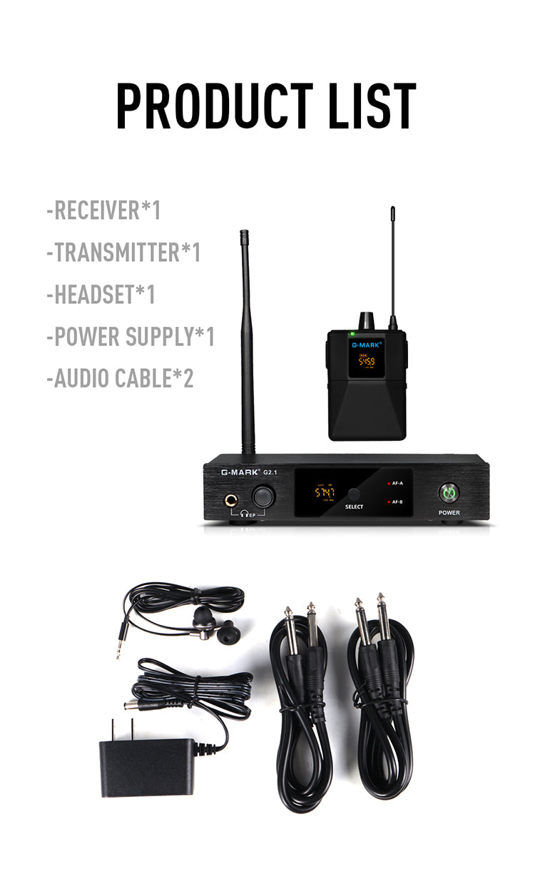 In Ear Monitor G-MARK G2.1IEM UHF Mono Wireless Return Frequency Selectable For Stage Singer Guitar Studio Band Performance DJ