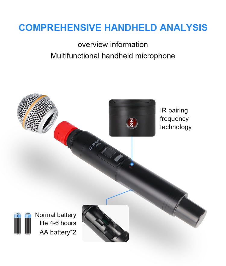 4 Wireless Microphone System G-MARK G44S Professional UHF 4 Channels Microphon Karaoke Mic Handheld Automatic Frequency Adjustable Metal Body For Party Speaker Show Stage Wedding
