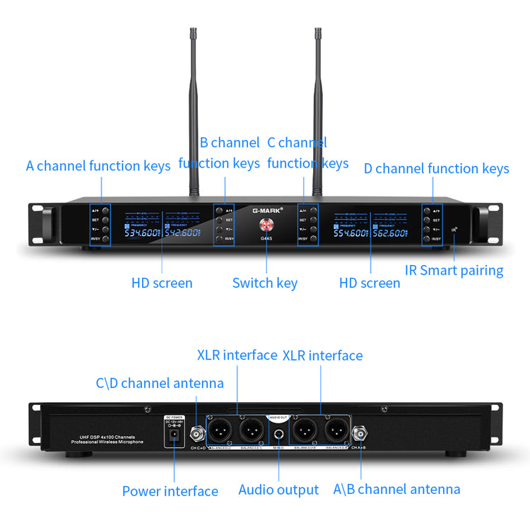 4 Wireless Microphone System G-MARK G44S Professional UHF 4 Channels Microphon Karaoke Mic Handheld Automatic Frequency Adjustable Metal Body For Party Speaker Show Stage Wedding