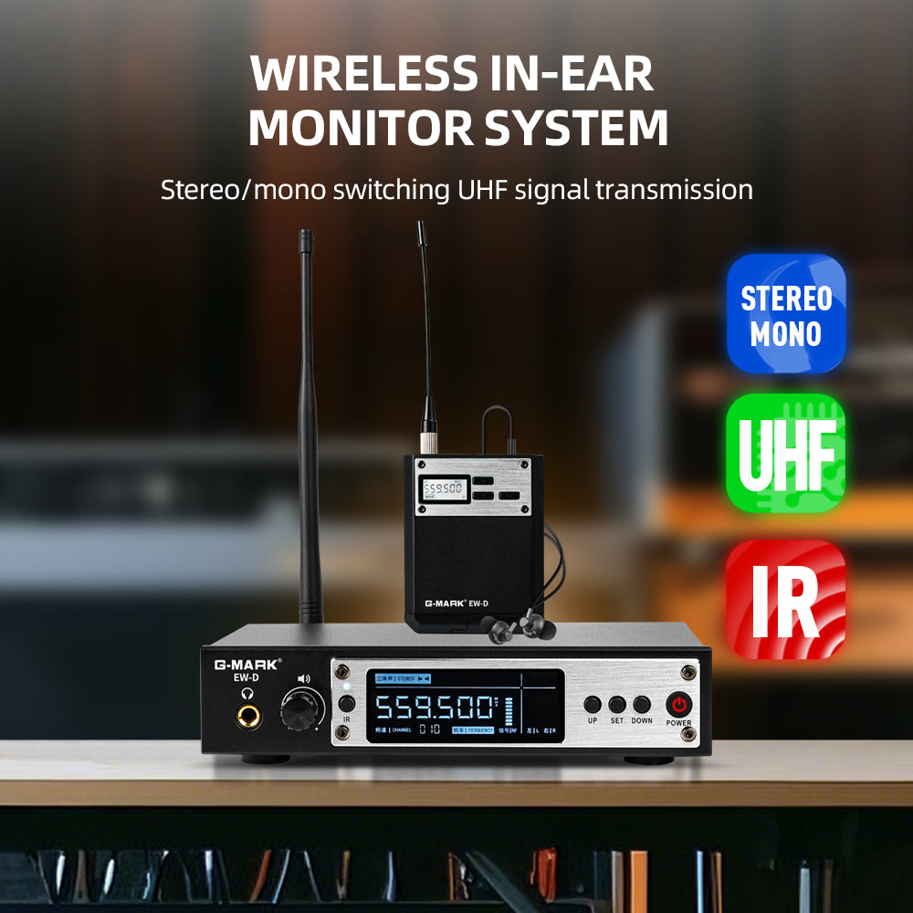 Generico UHF In-Ear Monitoring System 20-20 kHz stereo/mono, draadloos Generico UHF In-Ear Monitoring System 20-20 kHz stereo/mono, draadloos