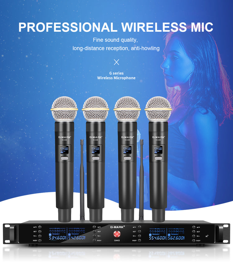4 Wireless Microphone System G-MARK G44S Professional UHF 4 Channels Microphon Karaoke Mic Handheld Automatic Frequency Adjustable Metal Body For Party Speaker Show Stage Wedding