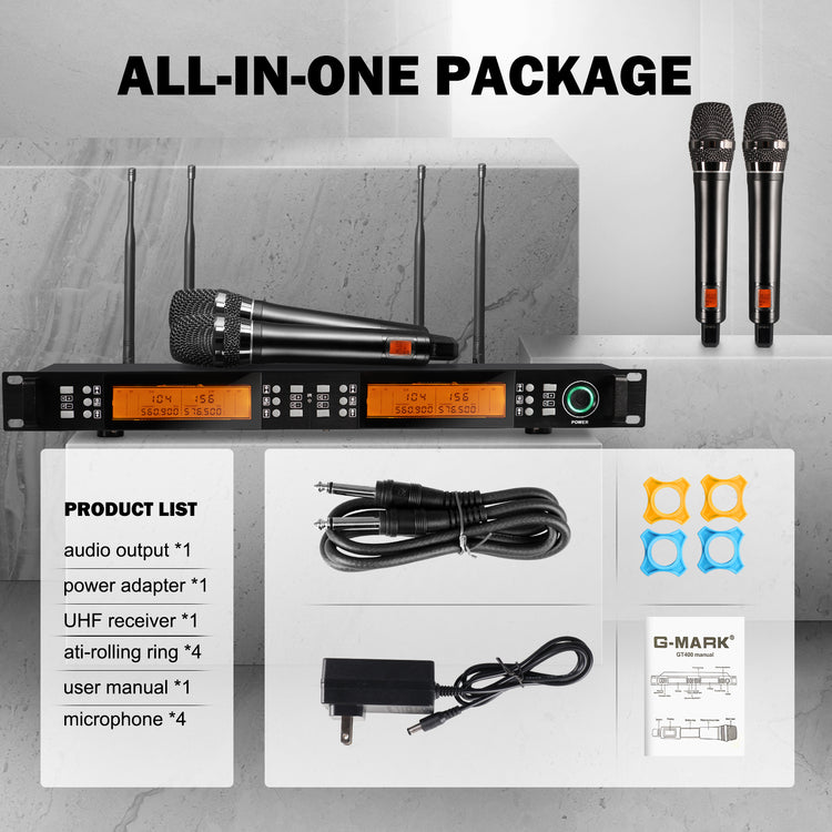 Wireless Microphone System G-MARK GT400 UHF 4 Channels Karaoke Mic Handheld Frequency Adjustable Metal Body For Party Speaker Show Stage Wedding
