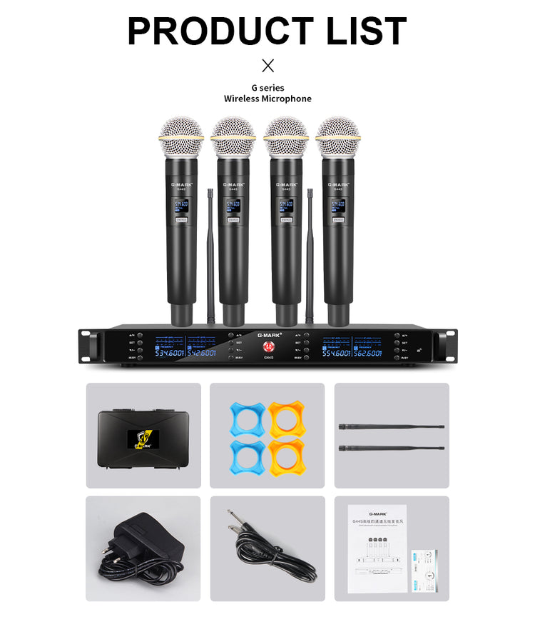 4 Wireless Microphone System G-MARK G44S Professional UHF 4 Channels Microphon Karaoke Mic Handheld Automatic Frequency Adjustable Metal Body For Party Speaker Show Stage Wedding