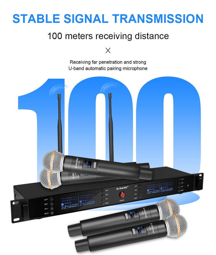 4 Wireless Microphone System G-MARK G44S Professional UHF 4 Channels Microphon Karaoke Mic Handheld Automatic Frequency Adjustable Metal Body For Party Speaker Show Stage Wedding