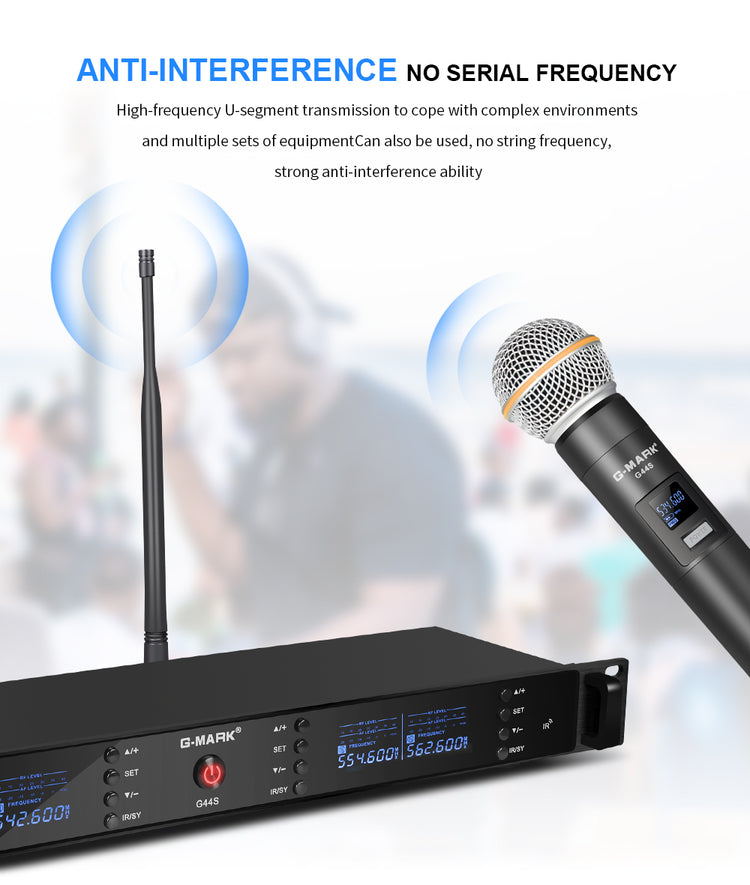 4 Wireless Microphone System G-MARK G44S Professional UHF 4 Channels Microphon Karaoke Mic Handheld Automatic Frequency Adjustable Metal Body For Party Speaker Show Stage Wedding