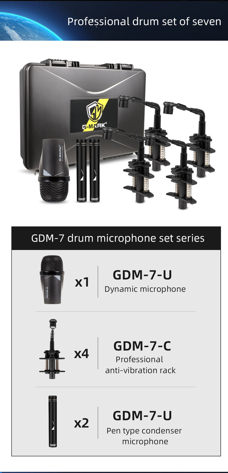 Drum Microphone Kit G-MARK GDM7 Musical Instruments Mic For Band DJ Stage Instrumental Performance Recording Live With Case