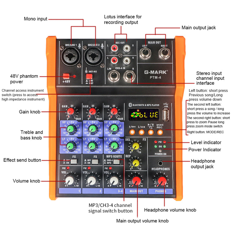 Audio Mixer G-MARK PTM-4 Bluetooth Professional Portable DJ Console 48V Phantom Power USB Interface Mixing Boards For Studio Live Recording