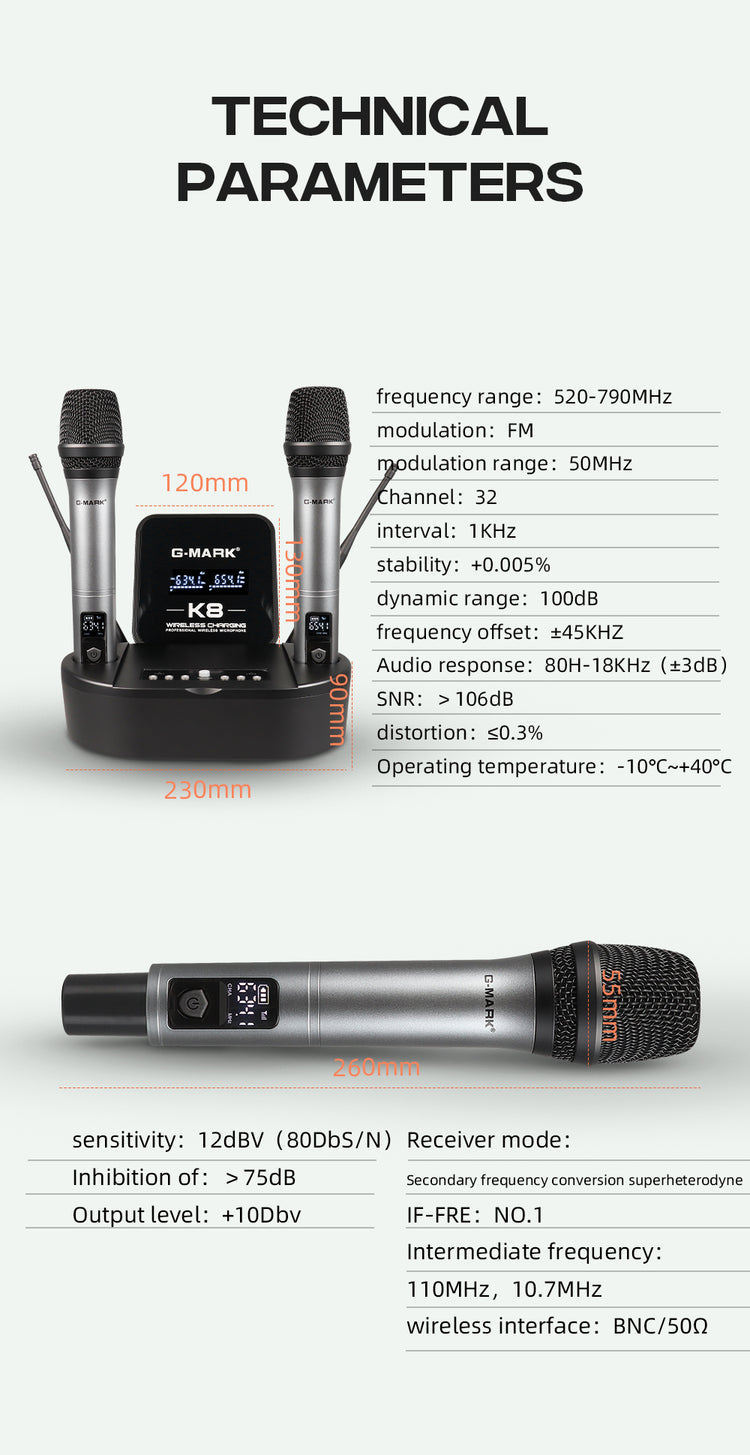 Wireless Microphone G-MARK K8 UHF Karaoke Mic With Lithium Battery For Stage Party Show Church School Meeting