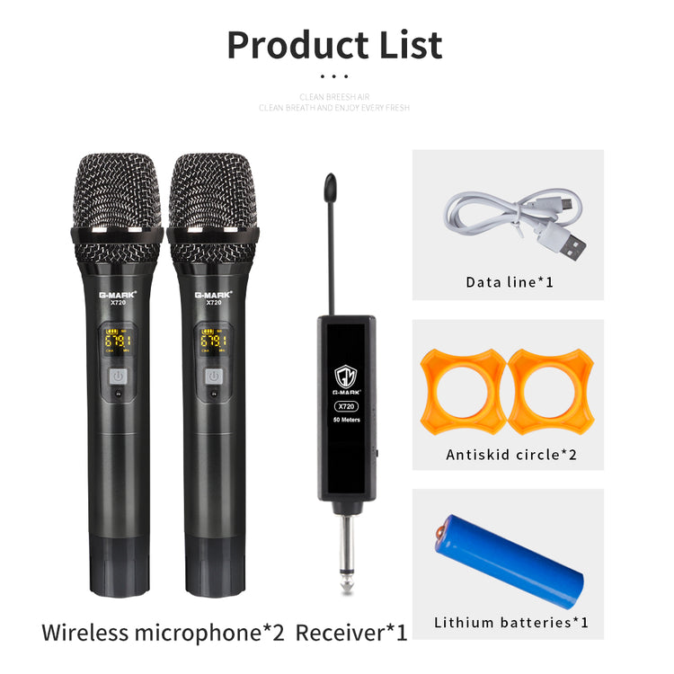 Wireless Microphone G-MARK X720 UHF Karaoke Mic Metal Body With Rechargeable Lithium Battery Receiver For Karaoke Meeting Stage DJ Speaker Wedding School