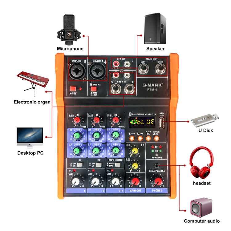 Audio Mixer G-MARK PTM-4 Bluetooth Professional Portable DJ Console 48V Phantom Power USB Interface Mixing Boards For Studio Live Recording
