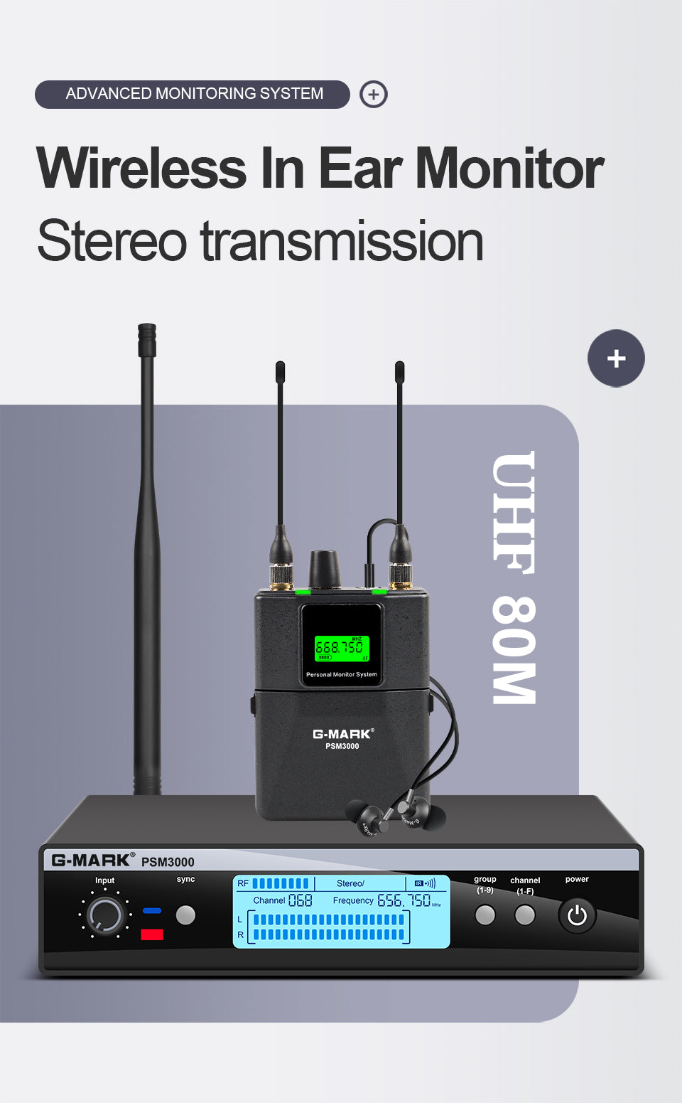 Stereo In-Ear Monitor System G-MARK PSM3000 Wireless Stage Return For