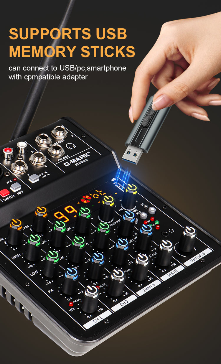 Audio Sound Mixer with Microphone G-MARK Studio 6 Bluetooth  Portable DJ Console +48V USB Interface Mixing Boards For Studio Live Recording PC