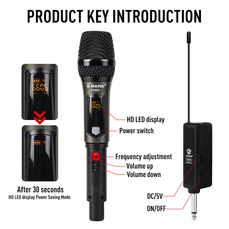 Wireless Microphone G-MARK X240U UHF Recording Karaoke Mic With Rechargeable Lithium Battery Receiver Work 5 Hours For Speaker