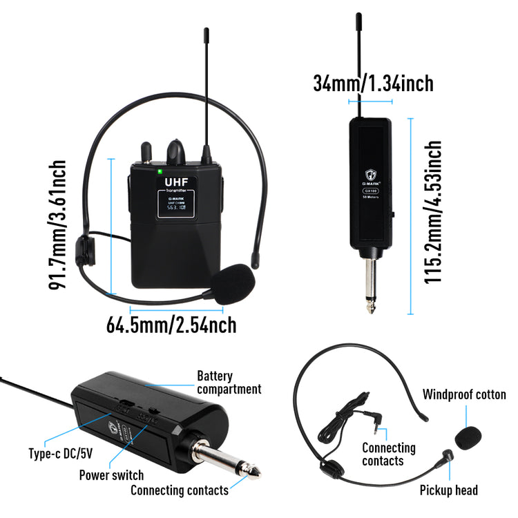 Wireless Headset Microphone G-MARK GX100 Professional UHF Clip Bodypack Mic Work 50M For Party Show Stage Wedding Church