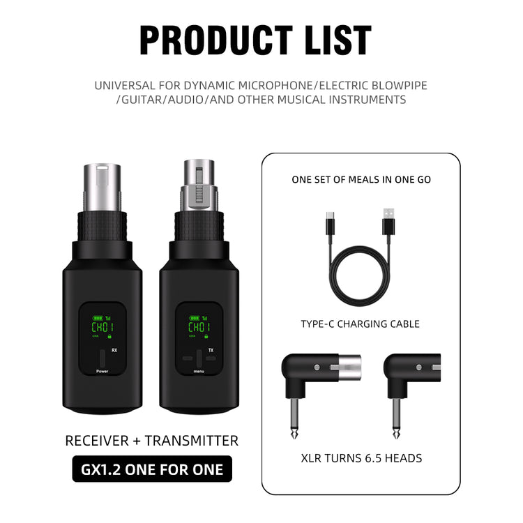 G-MARK GX1.2 2.4GWireless XLR Transmitter And Receiver Guitar Receiver Rechargeable Mic Adapter 16 Channels For Dynamic Microphone Audio Mixer Electric Guitar Bass