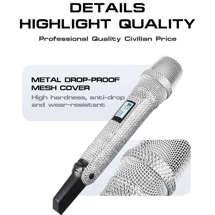 G-MARK Diamond Microphone SKM9000 Luxury sparkling Wireless Microphone Professional UHF Frequency Adjustable Studio Sound Metal Handheld Mic For Party Show Teaching Wedding