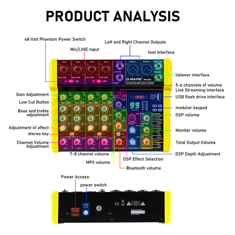 Audio Mixer Bluetooth G-MARK Professional Mixer Usb Interface Sound Board Console System 16 Channel Digital MP3 Computer Input 48V Phantom Power Stereo DJ 24-Bit SPX Effects Mixing Console