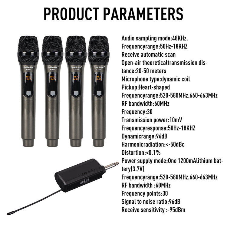 Wireless Microphone G-MARK X240U UHF Recording Karaoke Mic With Rechargeable Lithium Battery Receiver Work 5 Hours For Speaker