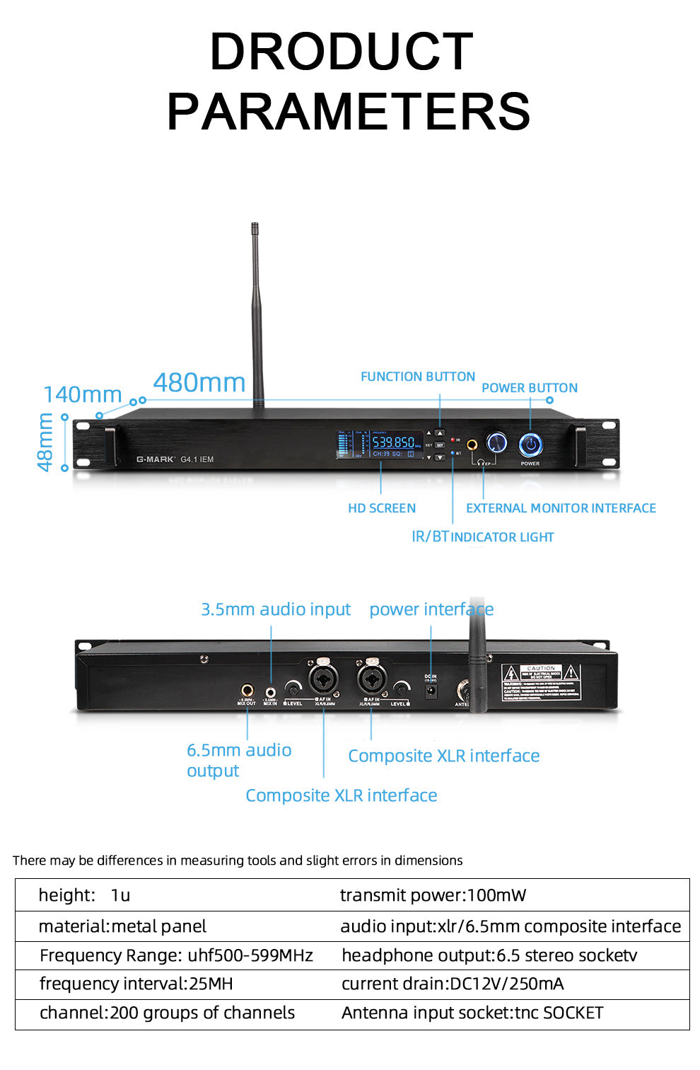 In Ear Monitor System G-MARK G4.1 UHF Wireless Stage Return With In Ea