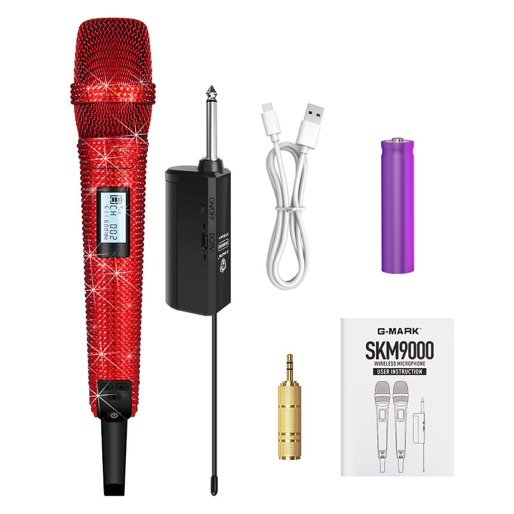 G-MARK Diamond Microphone SKM9000 Luxury sparkling Wireless Microphone Professional UHF Frequency Adjustable Studio Sound Metal Handheld Mic For Party Show Teaching Wedding