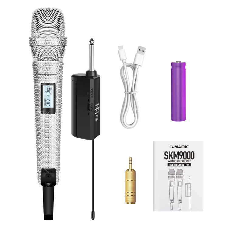 G-MARK Diamond Microphone SKM9000 Luxury sparkling Wireless Microphone Professional UHF Frequency Adjustable Studio Sound Metal Handheld Mic For Party Show Teaching Wedding