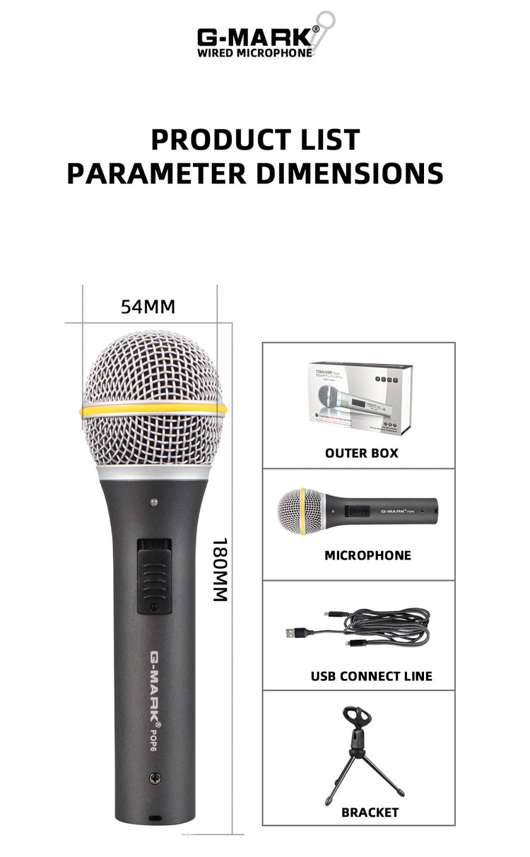 Wired Microphone G-MARK POP6 Karaoke Handheld Professional Performance Dynamic Mic For KTV Vocal Stage Computer Phone Speaker