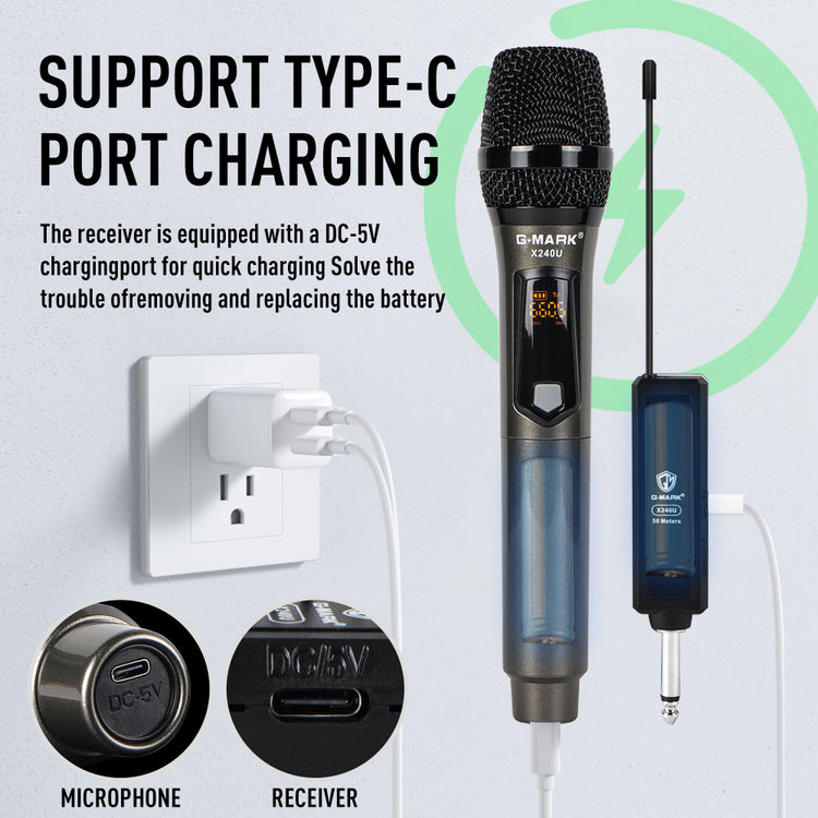 Wireless Microphone G-MARK X240U UHF Recording Karaoke Mic With Rechargeable Lithium Battery Receiver Work 5 Hours For Speaker