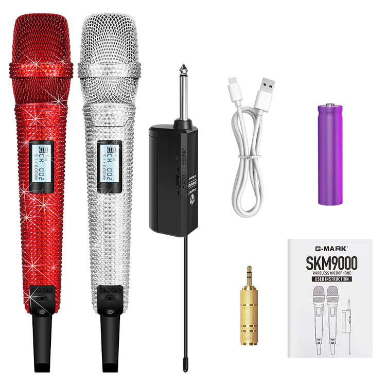 G-MARK Diamond Microphone SKM9000 Luxury sparkling Wireless Microphone Professional UHF Frequency Adjustable Studio Sound Metal Handheld Mic For Party Show Teaching Wedding