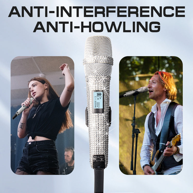 G-MARK Diamond Microphone SKM9000 Luxury sparkling Wireless Microphone Professional UHF Frequency Adjustable Studio Sound Metal Handheld Mic For Party Show Teaching Wedding