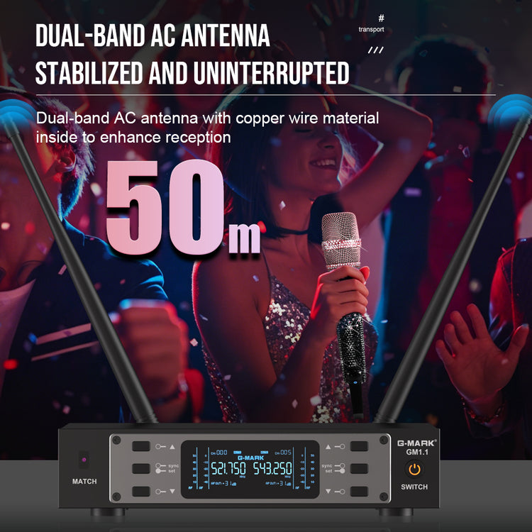 G-MARK Wireless Microphone GM1.1 Professional UHF Frequency Adjustable Metal Handheld Karaoke Mic For Party Show Teaching Wedding（副本）