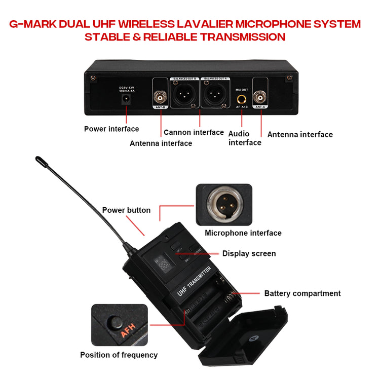 Wireless Microphon G-MARK EW100 Professional UHF Karaoke Lavalier Mic Frequency Adjustable 50M For Party Show Stage Wedding