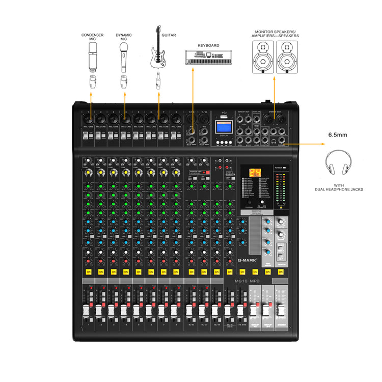 Audio Mixer Bluetooth G-MARK Professional Mixer Usb Interface Sound Board Console System 16 Channel Digital MP3 Computer Input 48V Phantom Power Stereo DJ 24-Bit SPX Effects Mixing Console