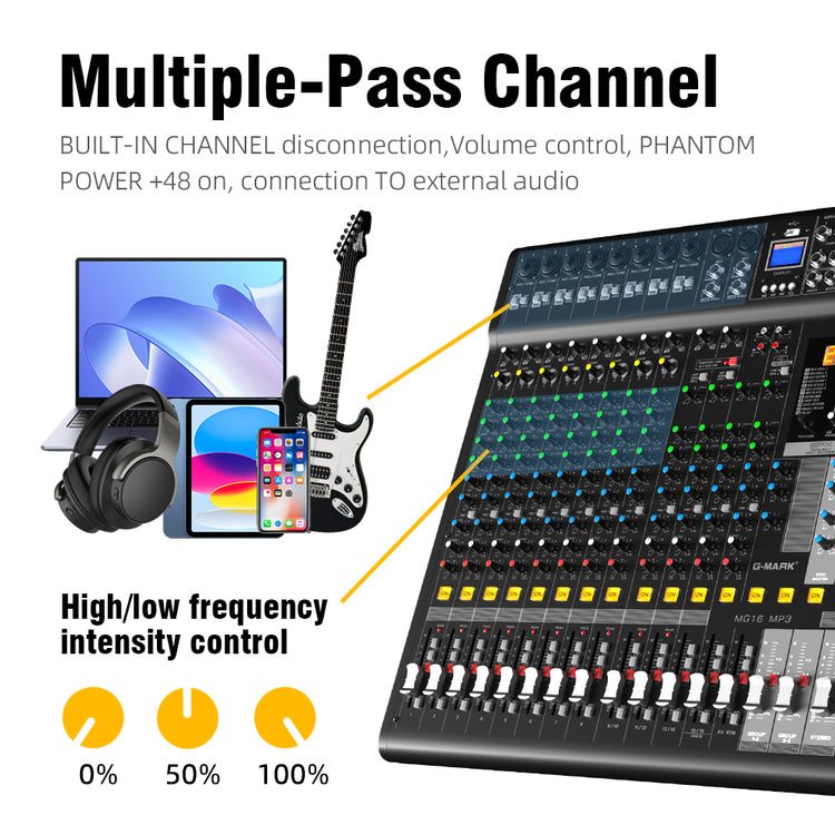 Audio Mixer Bluetooth G-MARK Professional Mixer Usb Interface Sound Board Console System 16 Channel Digital MP3 Computer Input 48V Phantom Power Stereo DJ 24-Bit SPX Effects Mixing Console