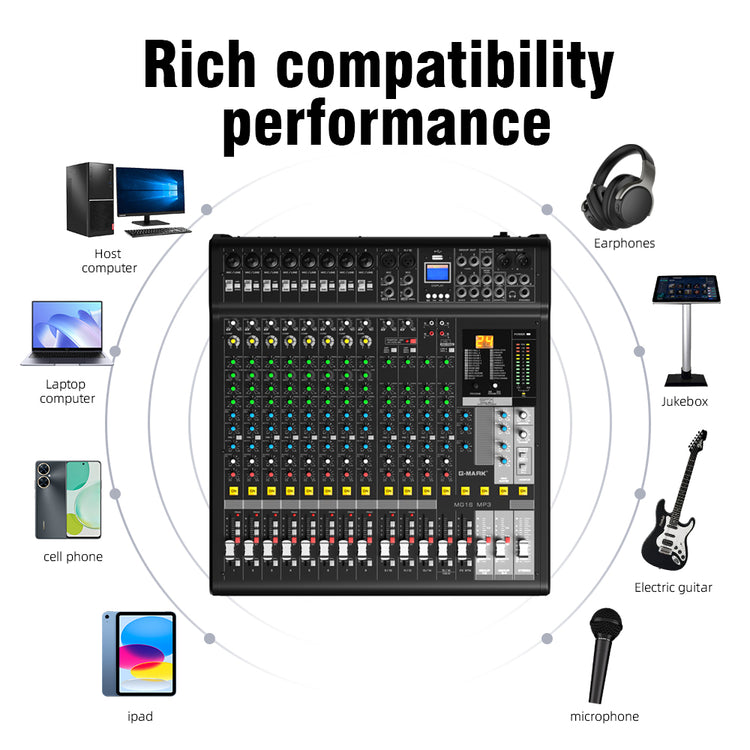 Audio Mixer Bluetooth G-MARK Professional Mixer Usb Interface Sound Board Console System 16 Channel Digital MP3 Computer Input 48V Phantom Power Stereo DJ 24-Bit SPX Effects Mixing Console