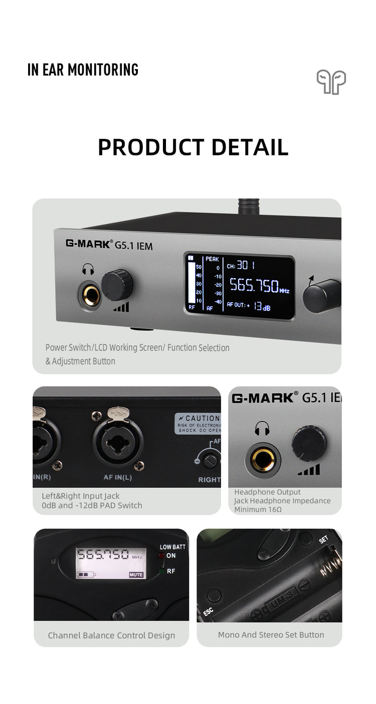 Wireless In Ear Monitor G-MARK G5.1IEM UHF Stage Return Frequency Selectable For Singer Stage Guitar Studio DJ