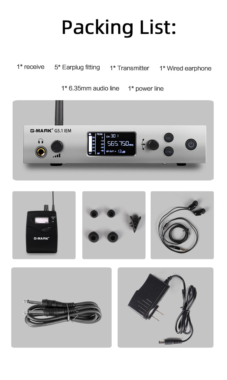 Wireless In Ear Monitor G-MARK G5.1IEM UHF Stage Return Frequency Selectable For Singer Stage Guitar Studio DJ