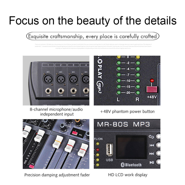 Audio Interface Mixer G-MARK MR80S USB Bluetooth Mixing Console 8 Channel 48V Phantom Power Sound Board Music Reverb For PC Stage Studio DJ Sound Controller Analog Mixer